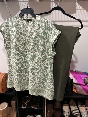 Caslon Cream and Sage Green Floral V-Neck Blouse